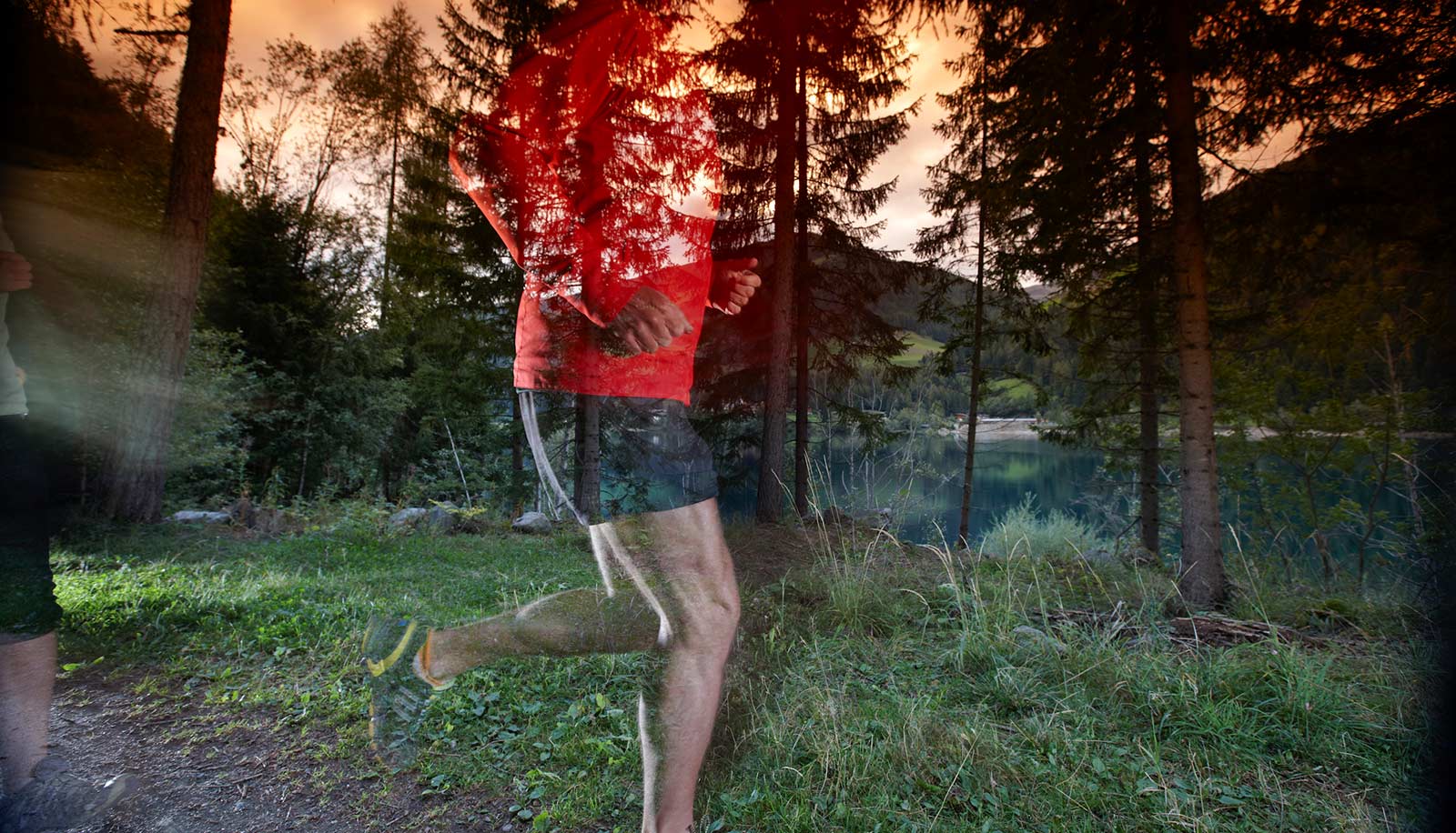 Two images: person jogging in front of woods and a lake in the backgroung