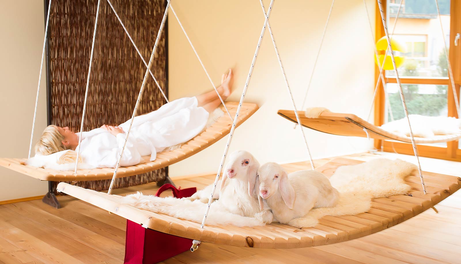 Suspended wooden lounge beds at Arosea Life Balance Hotel in Ultental-Val d'Ultimo in which a woman and two lambs are resting